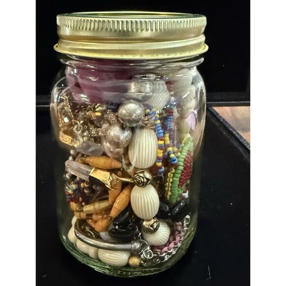 Jewelry Jar Wearable Lot Beads Necklaces Bracelets Earrings Vintage 16oz Jar - Picture 8 of 9